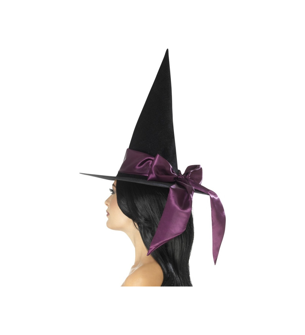 Černý čarodějnický klobouk s vínovou mašlí