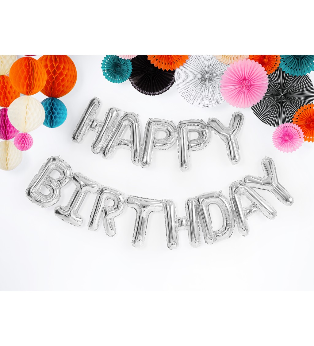 Fóliový balónek Happy Birthday stříbrný