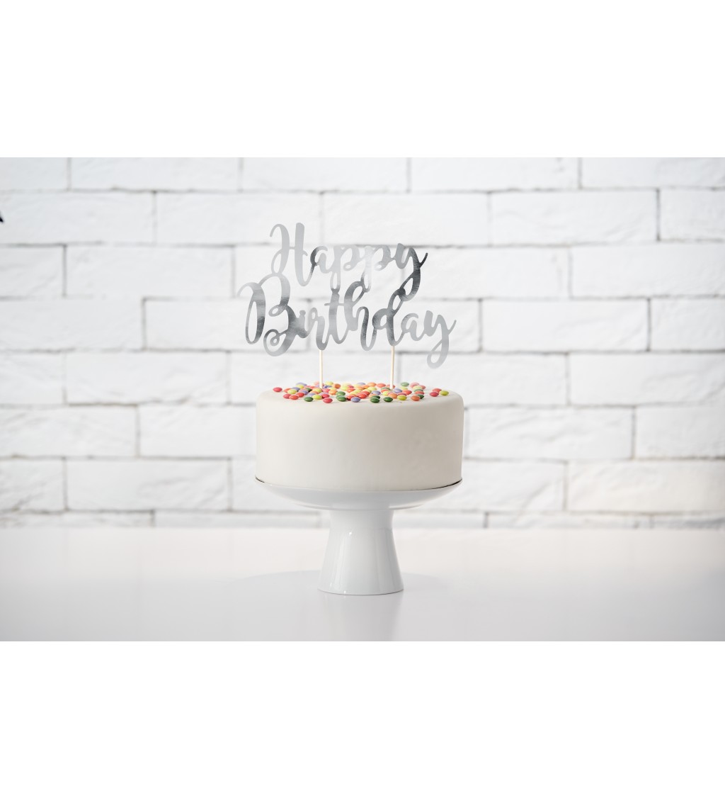 Nápis na dort - Happy Birthday, stříbrná