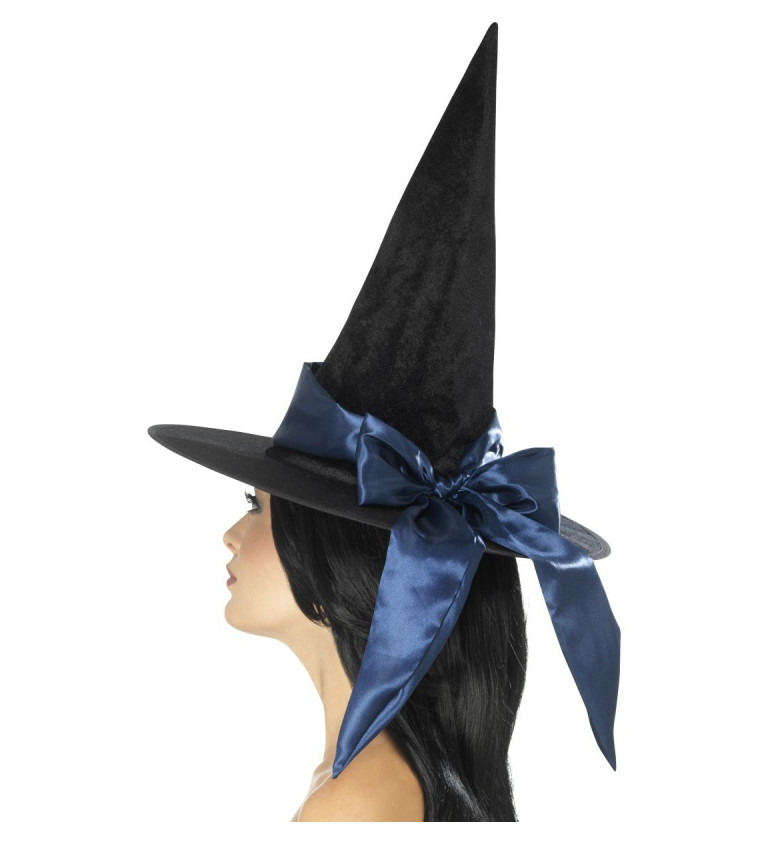 Černý čarodějnický klobouk s modrou mašlí