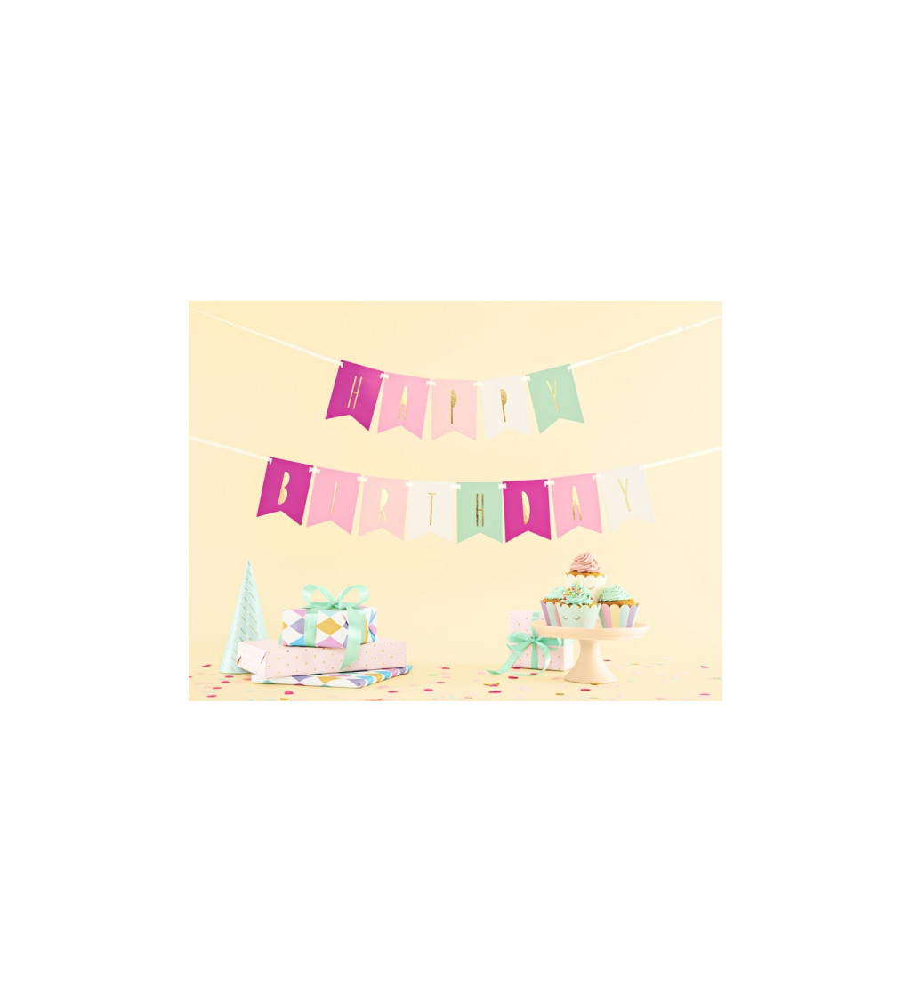 Girlanda - Happy Birthday, růžovo-zelená